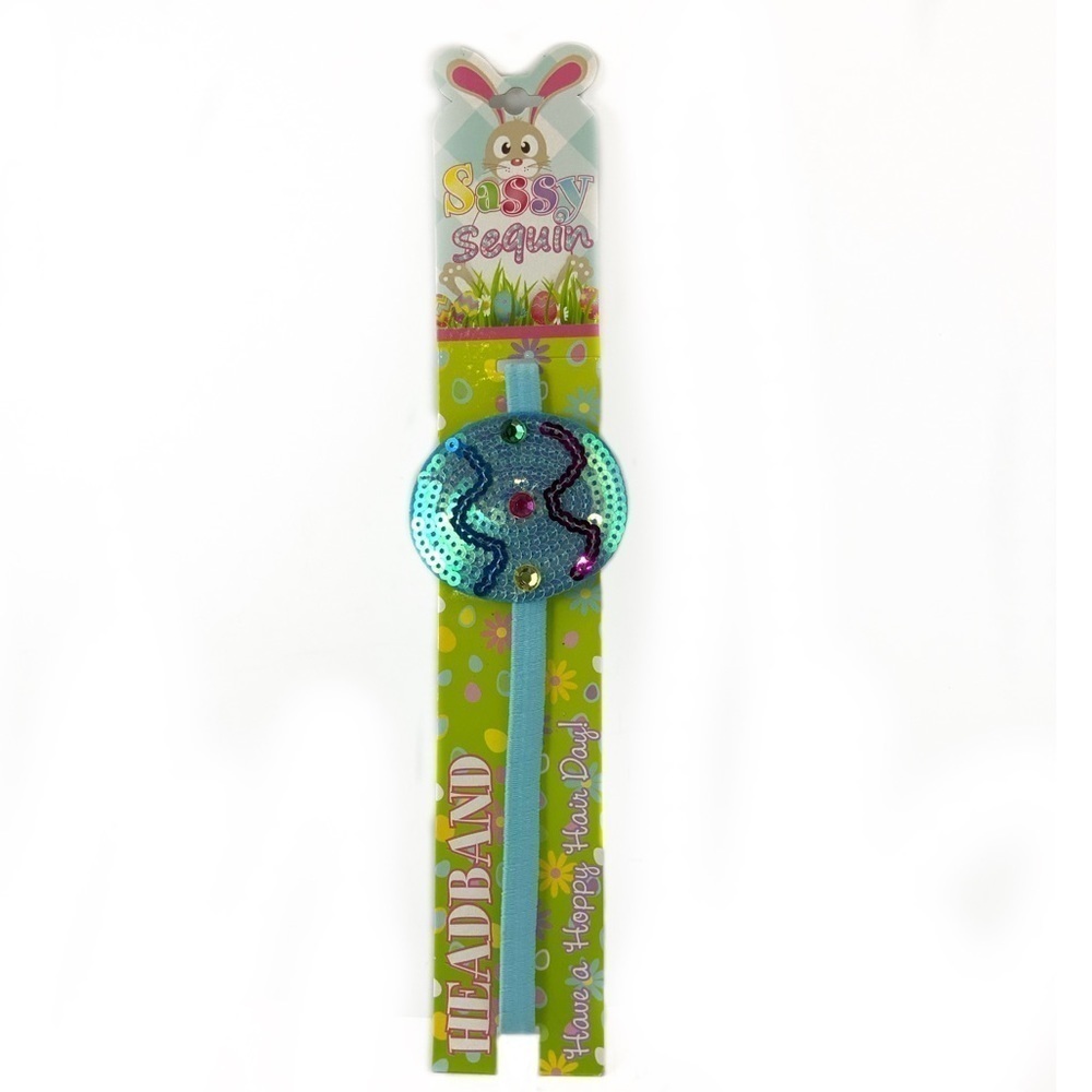 Sassy Sequin Easter Headband Elasticized Band Easter Egg Blue - Picture 2 of 10
